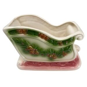 vintage Napcoware Ceramic Christmas Sleigh Planter Vase Holder Pine Cone Holiday